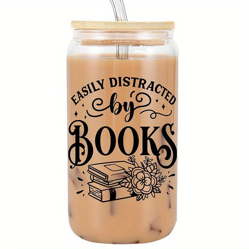 1 set including a 16oz glass with lid and straw; ideal for book lovers, librarians, friends, women, readers, teachers.