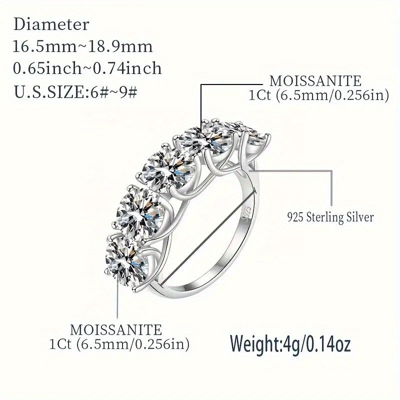 Exquisite 925 Sterling Silver Hypoallergenic Ring with 2.5ct - 5ct Moissanite in Five Rows. Perfect Gift for Women on Valentine's Day or Mother's Day. Ideal for Engagements or Weddings. Comes with Moissanite Certificate and Elegant Gift Box.