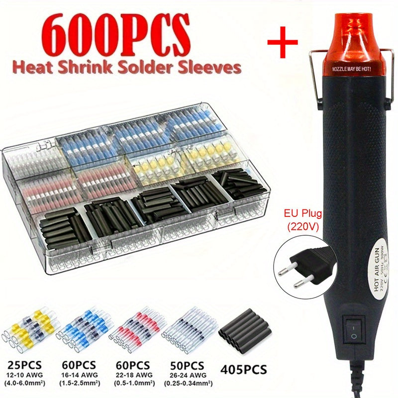 1pc Air Gun with 300/600/860pcs Solder Seal Wire Connectors, 300W Hot Air Heat Gun, 2:1 Shrinkable Heat Shrink Sleeves, Electric Power Temperature Blower Mini Tool Kit for DIY Shrink Tubing