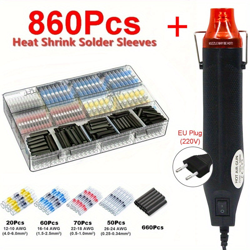 1pc Air Gun with 300/600/860pcs Solder Seal Wire Connectors, 300W Hot Air Heat Gun, 2:1 Shrinkable Heat Shrink Sleeves, Electric Power Temperature Blower Mini Tool Kit for DIY Shrink Tubing