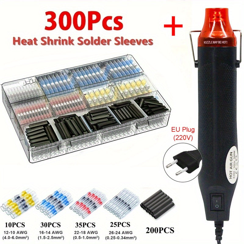 1pc Air Gun with 300/600/860pcs Solder Seal Wire Connectors, 300W Hot Air Heat Gun, 2:1 Shrinkable Heat Shrink Sleeves, Electric Power Temperature Blower Mini Tool Kit for DIY Shrink Tubing