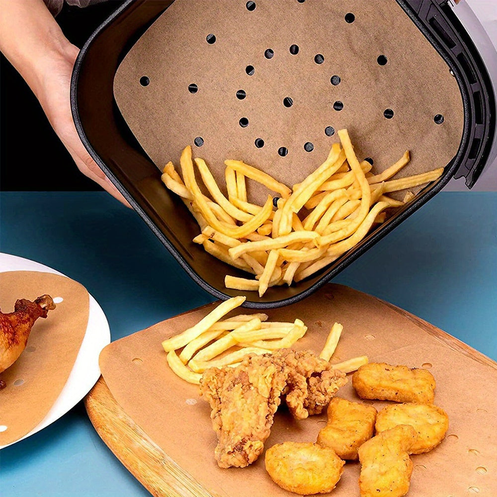 50 pieces of square non-stick air fryer parchment liners for healthier cooking and baking, absorbs oil for a healthier meal prep experience.