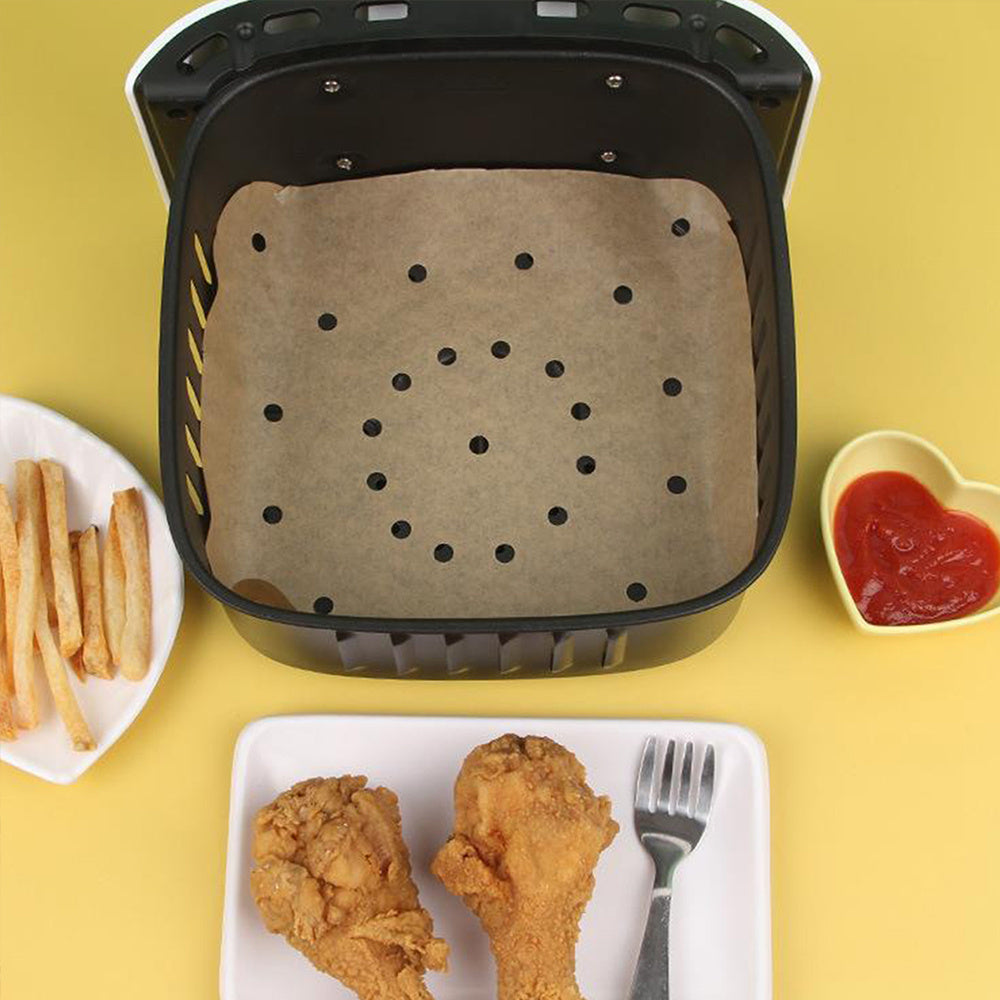 50 pieces of square non-stick air fryer parchment liners for healthier cooking and baking, absorbs oil for a healthier meal prep experience.