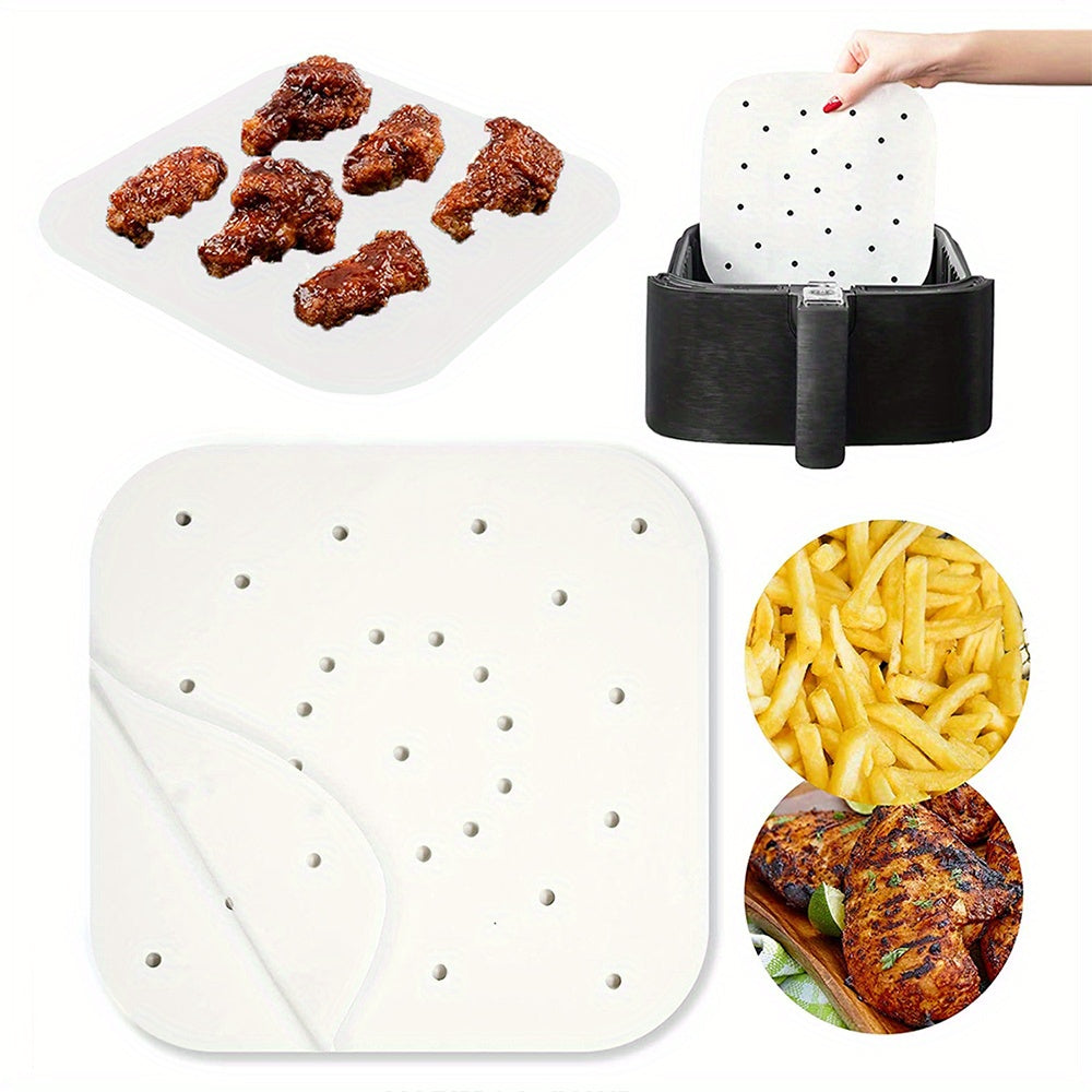 50 pieces of square non-stick air fryer parchment liners for healthier cooking and baking, absorbs oil for a healthier meal prep experience.