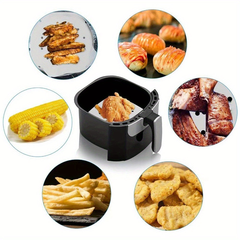 50 pieces of square non-stick air fryer parchment liners for healthier cooking and baking, absorbs oil for a healthier meal prep experience.