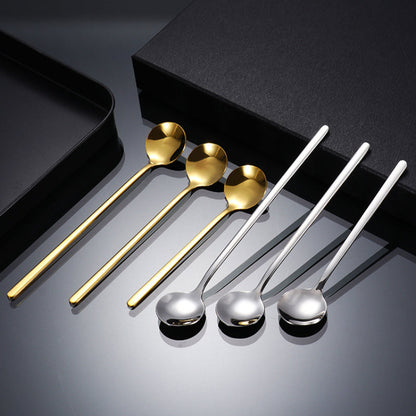 Set of 4/6 stainless steel spoons with long handles, perfect for ice, coffee, and mixing. Each set includes a golden small round spoon, ideal for use at home, restaurants, coffee shops, and parties. Great addition to your flatware collection.