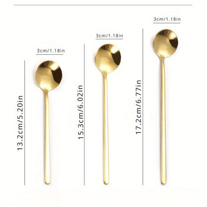 Set of 4/6 stainless steel spoons with long handles, perfect for ice, coffee, and mixing. Each set includes a golden small round spoon, ideal for use at home, restaurants, coffee shops, and parties. Great addition to your flatware collection.