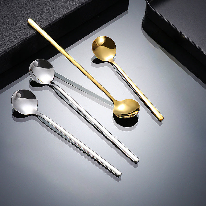 Set of 4/6 stainless steel spoons with long handles, perfect for ice, coffee, and mixing. Each set includes a golden small round spoon, ideal for use at home, restaurants, coffee shops, and parties. Great addition to your flatware collection.