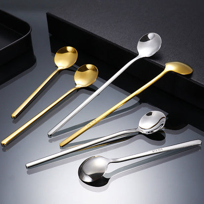 Set of 4/6 stainless steel spoons with long handles, perfect for ice, coffee, and mixing. Each set includes a golden small round spoon, ideal for use at home, restaurants, coffee shops, and parties. Great addition to your flatware collection.