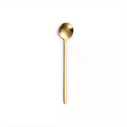 Set of 4/6 stainless steel spoons with long handles, perfect for ice, coffee, and mixing. Each set includes a golden small round spoon, ideal for use at home, restaurants, coffee shops, and parties. Great addition to your flatware collection.