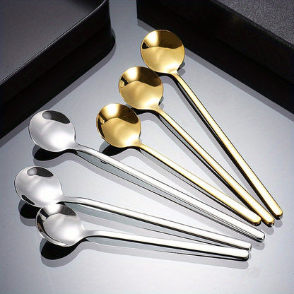 Set of 4/6 stainless steel spoons with long handles, perfect for ice, coffee, and mixing. Each set includes a golden small round spoon, ideal for use at home, restaurants, coffee shops, and parties. Great addition to your flatware collection.