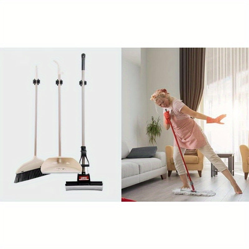 Wall mounted metal mop holder in packs of 3, 6, 12, or 24. Easy to install organizer rack for brooms and shovels. Made of heavy duty stainless steel with utility hooks.