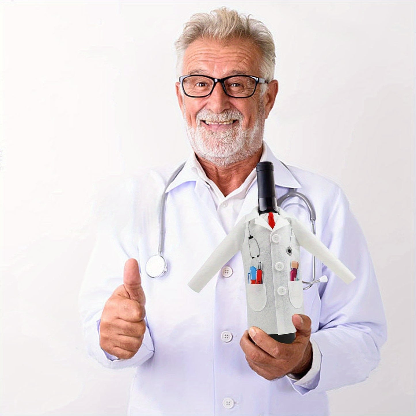 Men's white doctor coat with wine-themed felt wrapping cover and syringe capsules tie, perfect for retirement, anniversary, or medical practitioner gifts.