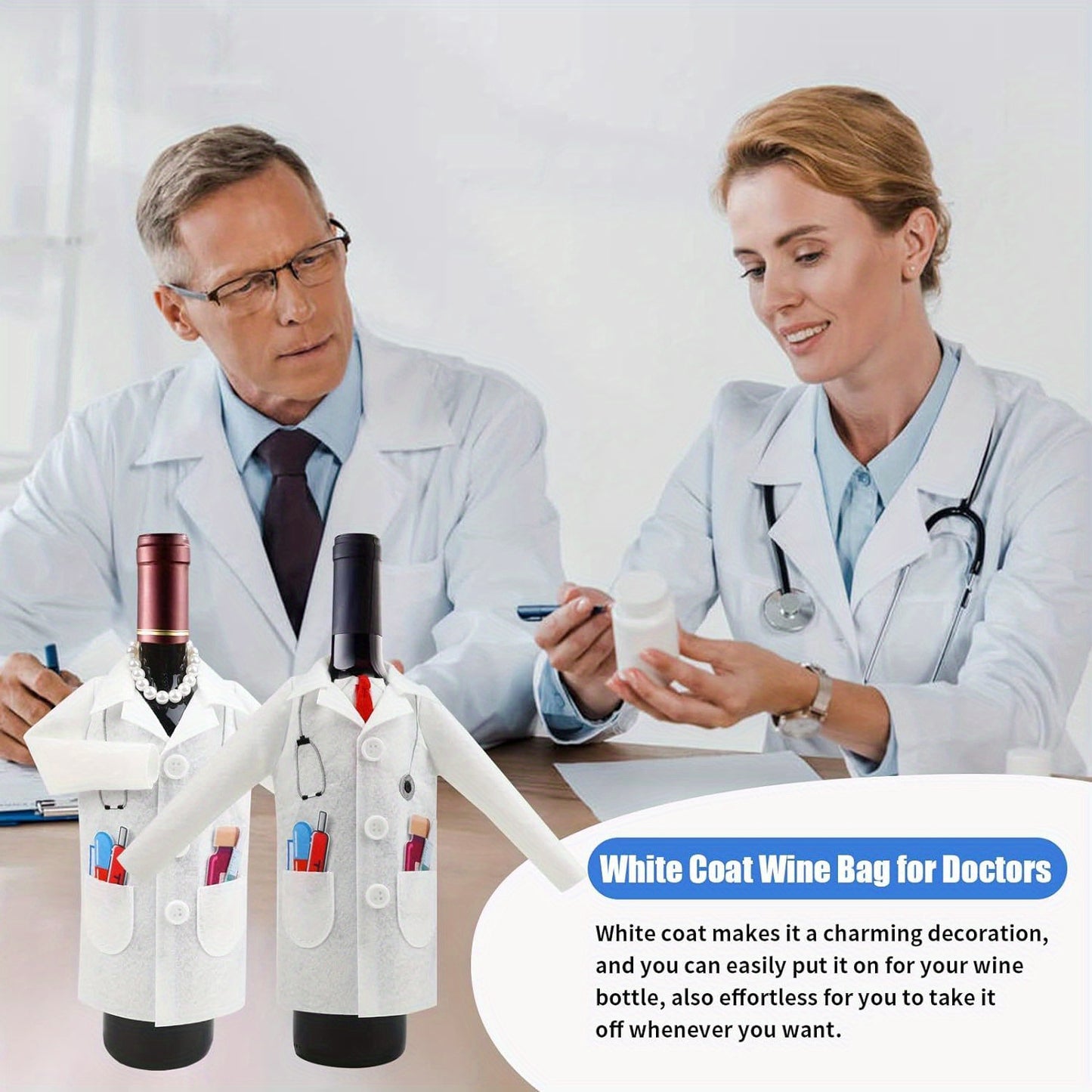 Men's white doctor coat with wine-themed felt wrapping cover and syringe capsules tie, perfect for retirement, anniversary, or medical practitioner gifts.