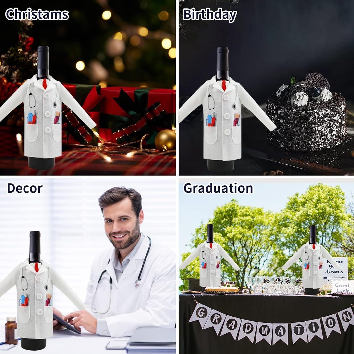 Men's white doctor coat with wine-themed felt wrapping cover and syringe capsules tie, perfect for retirement, anniversary, or medical practitioner gifts.