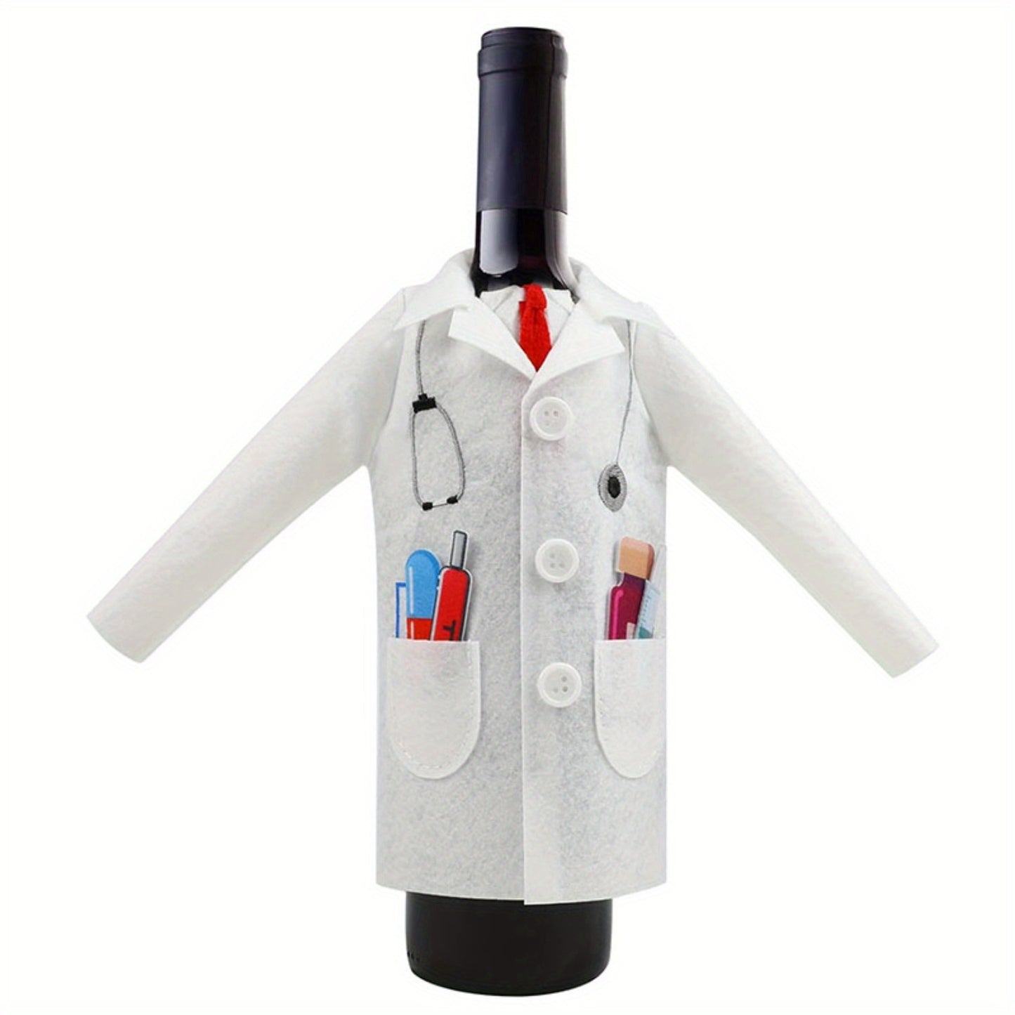 Men's white doctor coat with wine-themed felt wrapping cover and syringe capsules tie, perfect for retirement, anniversary, or medical practitioner gifts.