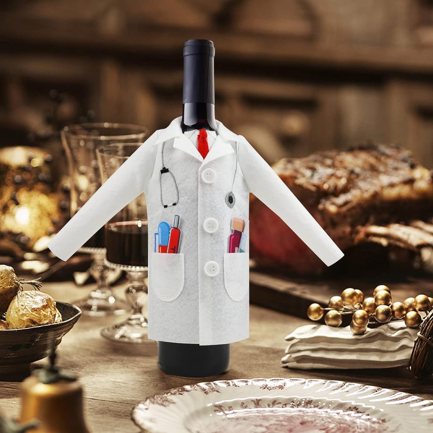 Men's white doctor coat with wine-themed felt wrapping cover and syringe capsules tie, perfect for retirement, anniversary, or medical practitioner gifts.