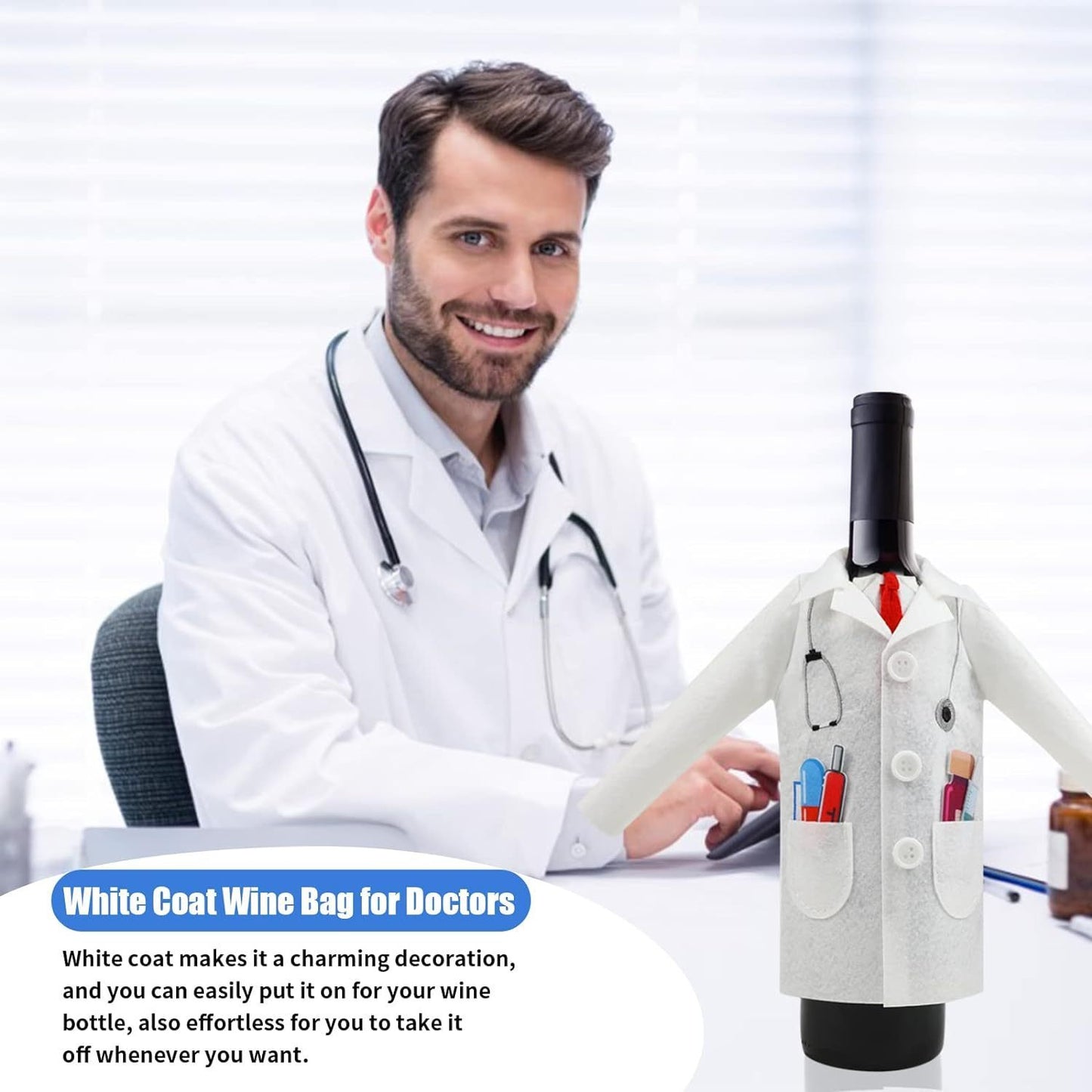 Men's white doctor coat with wine-themed felt wrapping cover and syringe capsules tie, perfect for retirement, anniversary, or medical practitioner gifts.