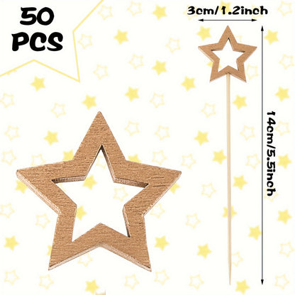 50 chic star-shaped bamboo cocktail picks for appetizers, drinks, and fruit skewers. Perfect for parties, Christmas, New Year's, and birthdays.