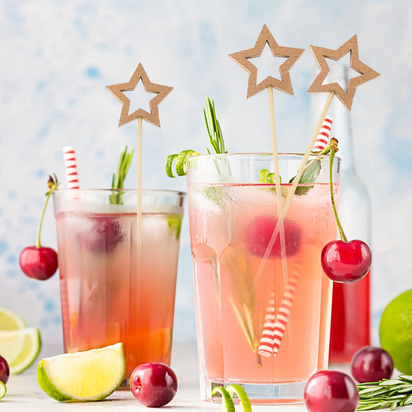 50 chic star-shaped bamboo cocktail picks for appetizers, drinks, and fruit skewers. Perfect for parties, Christmas, New Year's, and birthdays.