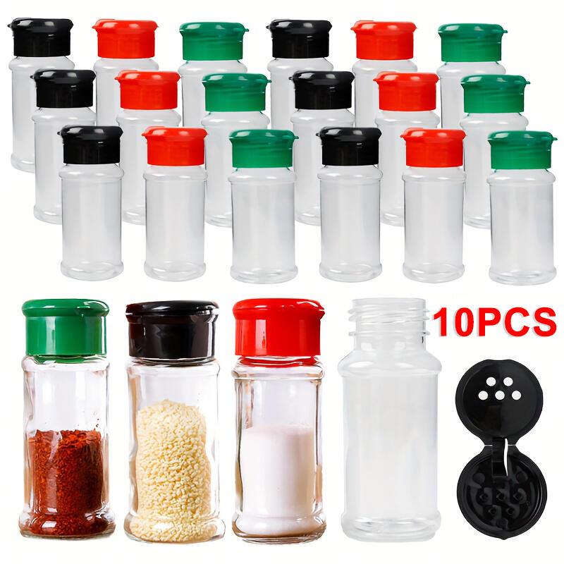 10 durable plastic spice jars with shaker lids, perfect for salt, sugar, and pepper. Ideal for kitchen, BBQ, camping, picnics, and outdoor cooking.