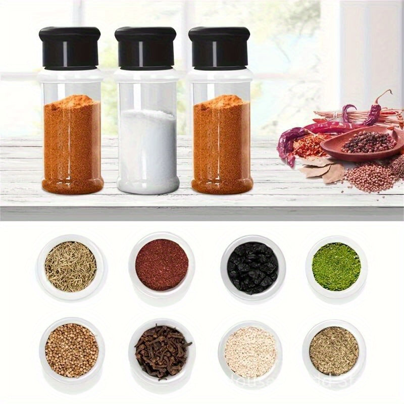 10 durable plastic spice jars with shaker lids, perfect for salt, sugar, and pepper. Ideal for kitchen, BBQ, camping, picnics, and outdoor cooking.