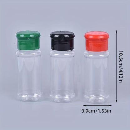 10 durable plastic spice jars with shaker lids, perfect for salt, sugar, and pepper. Ideal for kitchen, BBQ, camping, picnics, and outdoor cooking.