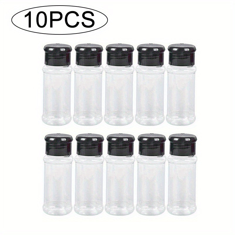 10 durable plastic spice jars with shaker lids, perfect for salt, sugar, and pepper. Ideal for kitchen, BBQ, camping, picnics, and outdoor cooking.