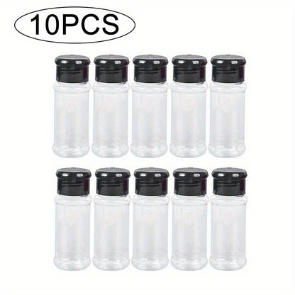 10 durable plastic spice jars with shaker lids, perfect for salt, sugar, and pepper. Ideal for kitchen, BBQ, camping, picnics, and outdoor cooking.