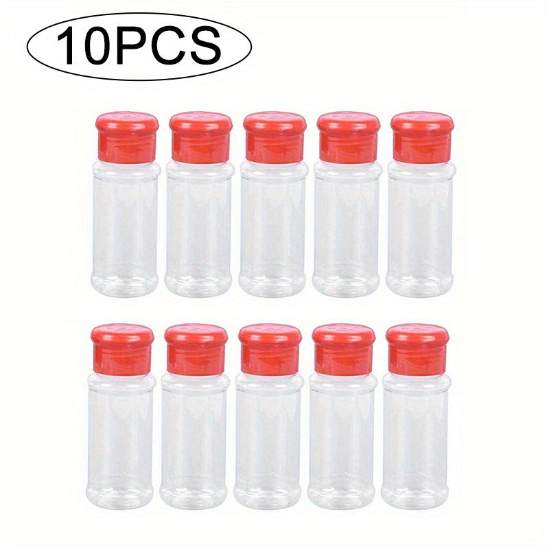 10 durable plastic spice jars with shaker lids, perfect for salt, sugar, and pepper. Ideal for kitchen, BBQ, camping, picnics, and outdoor cooking.