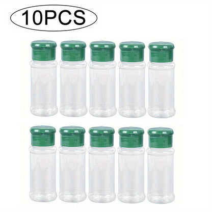 10 durable plastic spice jars with shaker lids, perfect for salt, sugar, and pepper. Ideal for kitchen, BBQ, camping, picnics, and outdoor cooking.