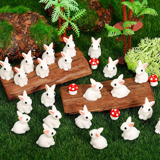 Mini Easter rabbit statues in sets of 10, 30, and 60. Ideal for dollhouse and garden decor. Great for furniture or desktop display. Suitable for outdoor use.