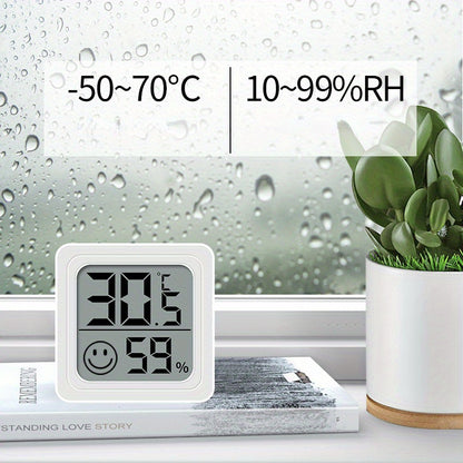 Compact and precise digital hygrometer and thermometer for indoor and outdoor use. Battery-powered for home, office, and car. Monitors temperature and humidity levels.