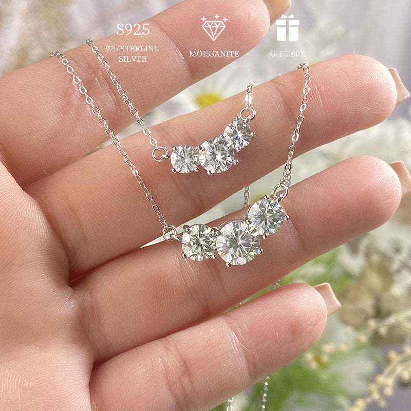 Luxurious Hypoallergenic Three Stone Necklace in 925 Sterling Silver with 2-4ct Moissanite. Perfect Gift for Valentine's Day or Birthday, Comes with Moissanite Certificate and Elegant Gift Box, Ideal for Women.