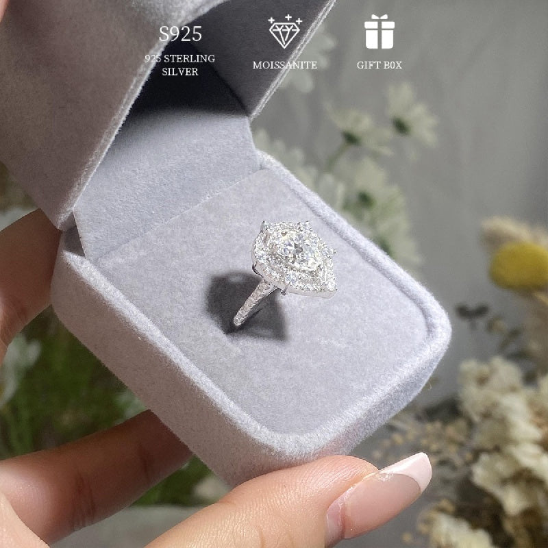 Elegant Valentine's Day and Mother's Day Gift: Double Layer Love Ring for Women made of Hypoallergenic 925 Sterling Silver with a 2ct Pear Shaped Moissanite. Perfect for Engagement or Wedding, comes with Moissanite Certificate and Exquisite Gift Box.