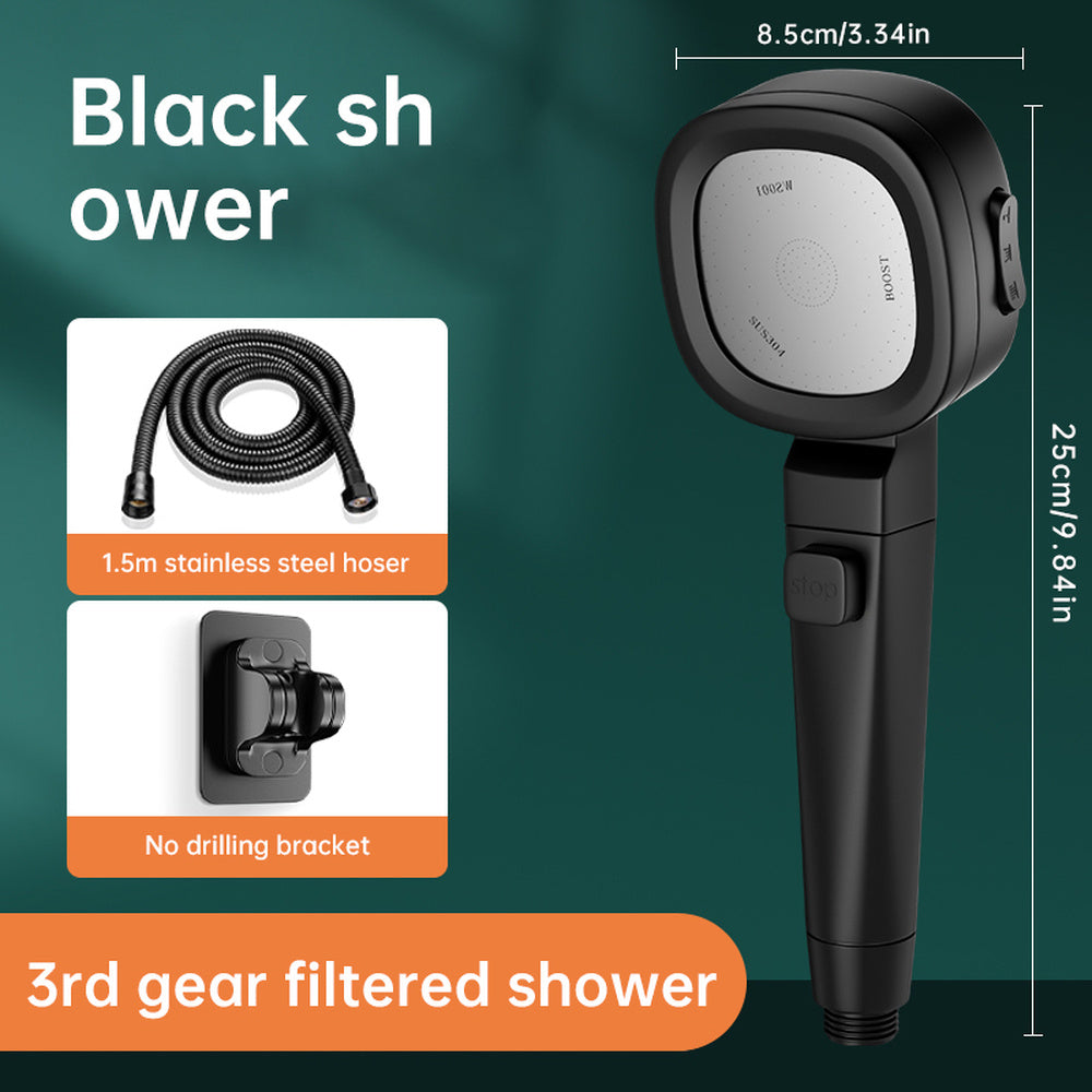 Musurjoy handheld shower head with 4 spray patterns and one touch water stop. Wall mount/insert design with round plastic body. Painted finish with power spray system, no electricity required. Perfect for bathroom or as a gift for Christmas or