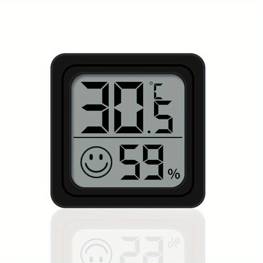 Compact digital hygrometer & thermometer for indoor/outdoor use in kids' rooms, cars, and beyond. Battery-operated with large display showing temperature, humidity, and smile icons.