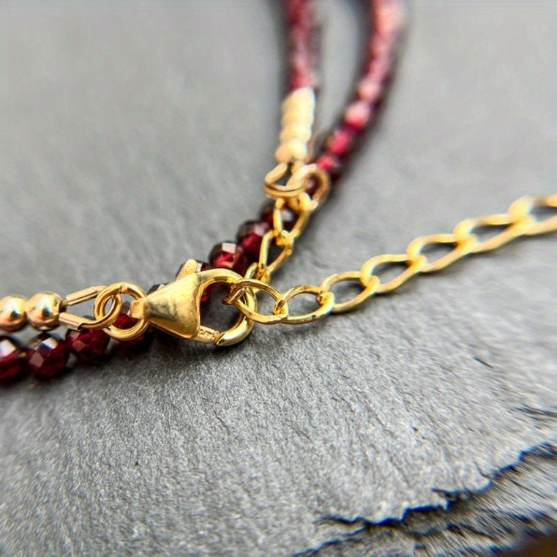 A delicate AAA red garnet beaded necklace measuring 3mm or 0.12 inches, featuring bright red gemmy micro-faceted garnet stones. This dainty January birthstone crystals necklace is perfect for daily wear and versatile fashion.