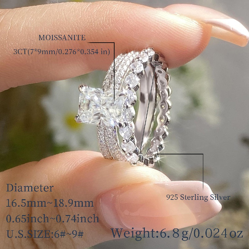 3-Piece Set of Classic Princess Beaded Stacking Rings for Women, featuring 2ct and 3ct Rectangular Moissanite Stones in Hypoallergenic 925 Sterling Silver. Perfect Valentine's Day Gift, Engagement, or Wedding Ring. Includes Moissanite Certificate and