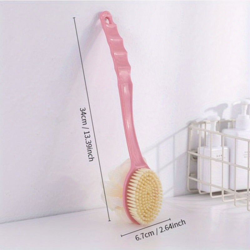 Long handled bath brush with soft bristles, ergonomic grip, and dual function for gentle exfoliation and relaxing showers.