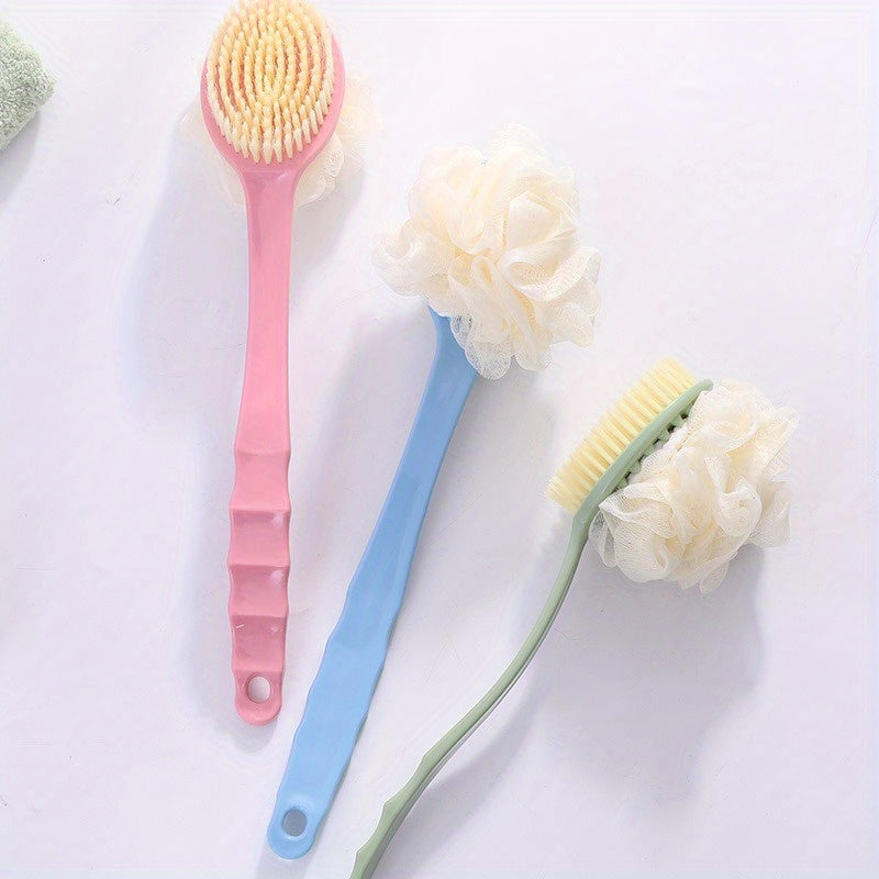 Long handled bath brush with soft bristles, ergonomic grip, and dual function for gentle exfoliation and relaxing showers.