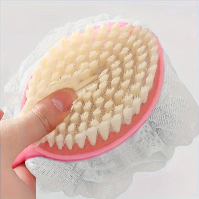 Long handled bath brush with soft bristles, ergonomic grip, and dual function for gentle exfoliation and relaxing showers.