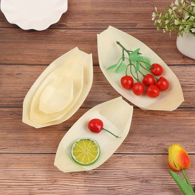 50 pieces of disposable pine wood paper bowls, each measuring 19.99cm X 9.98cm. Ideal for serving food such as sushi, salad, and dessert at weddings and parties.