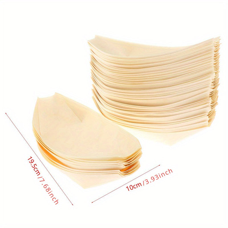 50 pieces of disposable pine wood paper bowls, each measuring 19.99cm X 9.98cm. Ideal for serving food such as sushi, salad, and dessert at weddings and parties.