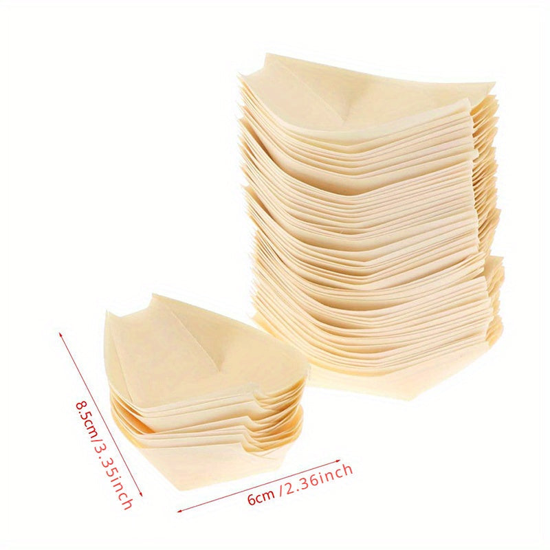 50 pieces of disposable pine wood paper bowls, each measuring 19.99cm X 9.98cm. Ideal for serving food such as sushi, salad, and dessert at weddings and parties.