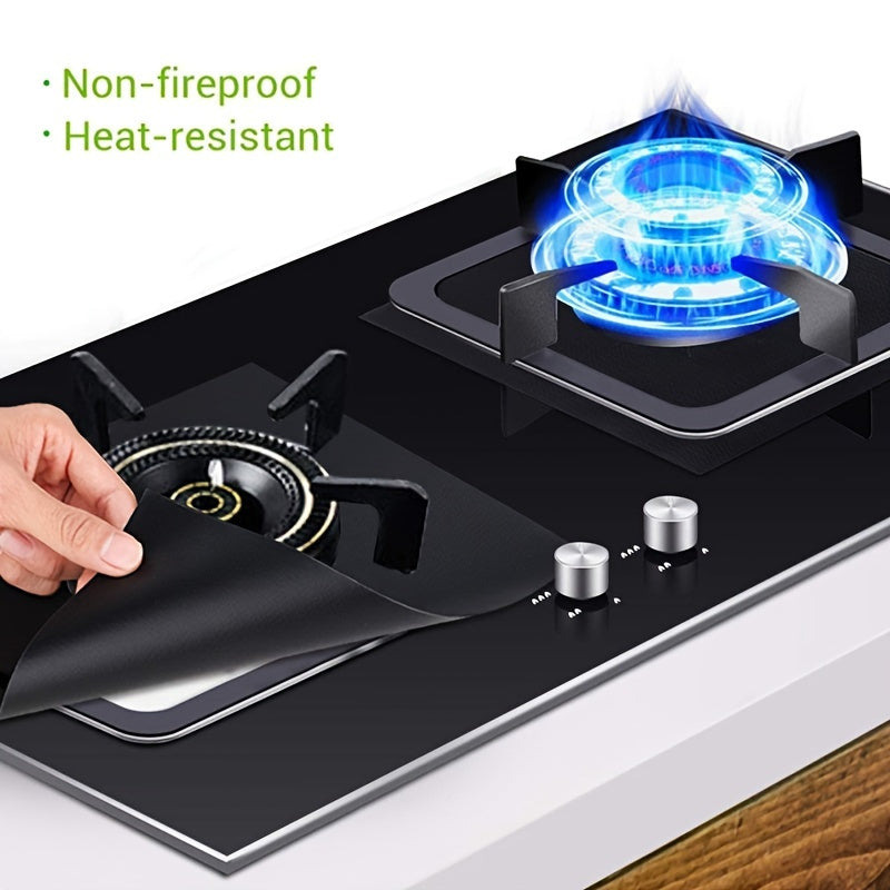 Set of 4 Non-Stick Gas Stove Burner Covers that are Reusable and Cuttable, providing Stovetop Protection. These Heat-Resistant, Oil-Proof & Anti-Fouling Synthetic Fiber Cleaning Mats are Washable and a Convenient Kitchen Accessory.