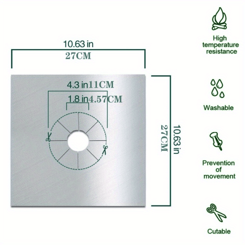 A set of 4 durable gas stove burner covers made from heat-resistant synthetic fiber, featuring a non-stick surface that is oil-proof and anti-fouling. These reusable covers can be cut to fit your stove, providing easy-to-clean protection without the need