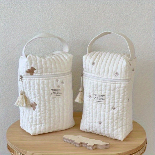 Cotton Mummy Bag with Quilted Embroidery, Stroller Zipper, and Hand Diaper Wet Bag Storage Bag