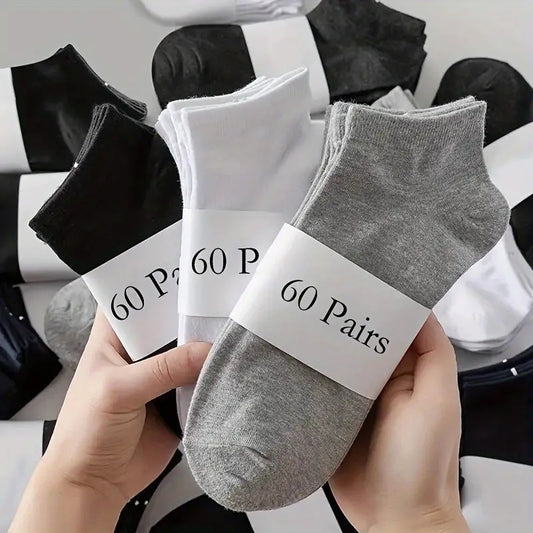 60 pairs of men's solid liner anklet socks for comfortable, breathable, and sweat-absorbent wear outdoors.