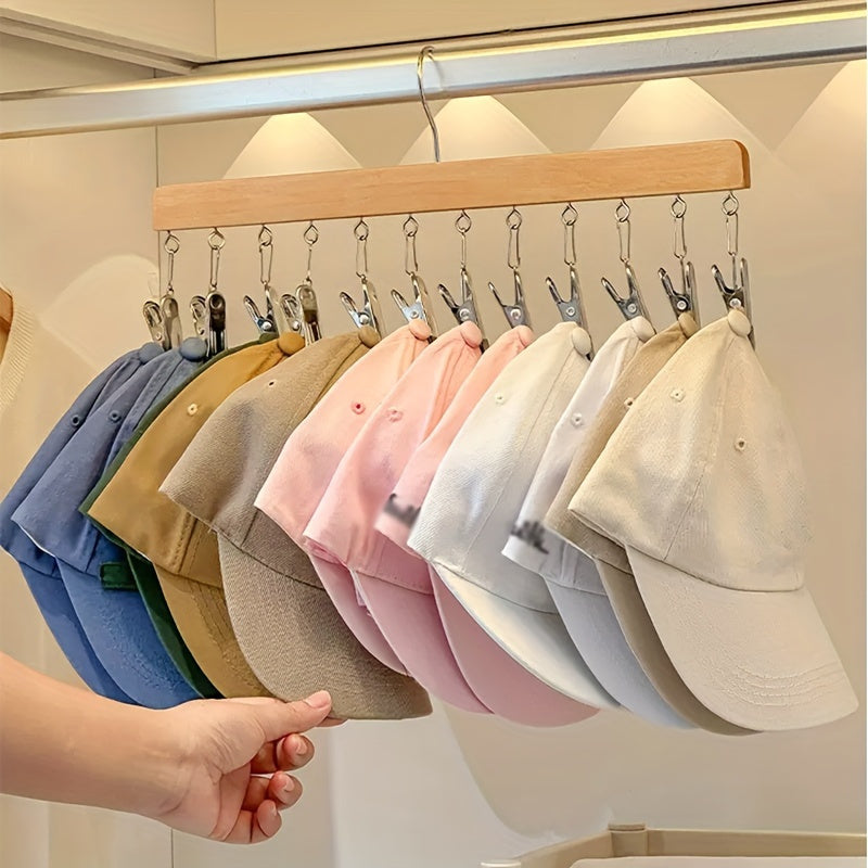 Wooden hat hanger with multiple clips for efficient drying and organizing of hats, underwear, ties, and scarves. Ideal for bedroom, closet, and wardrobe storage. Made of durable wood material, suitable for hanging clothes.